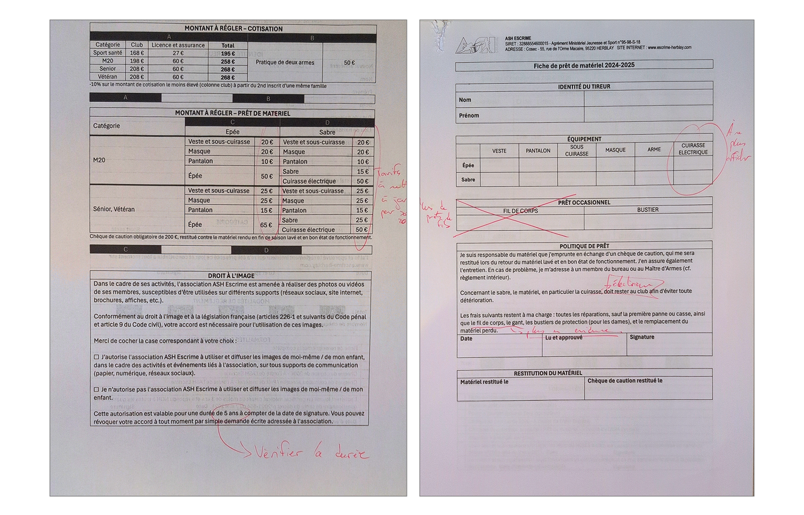 Photo d'un dossier d'inscription annoté par un participant de l'atelier.