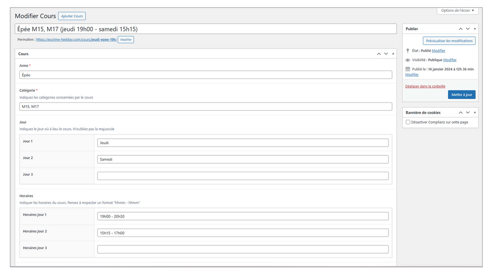 Capture d'écran de l'interface de gestion des cours dans WordPress.